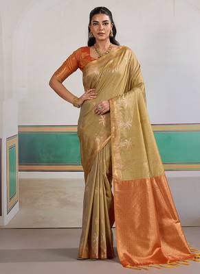 Weaving tussar silk blend beige saree 1