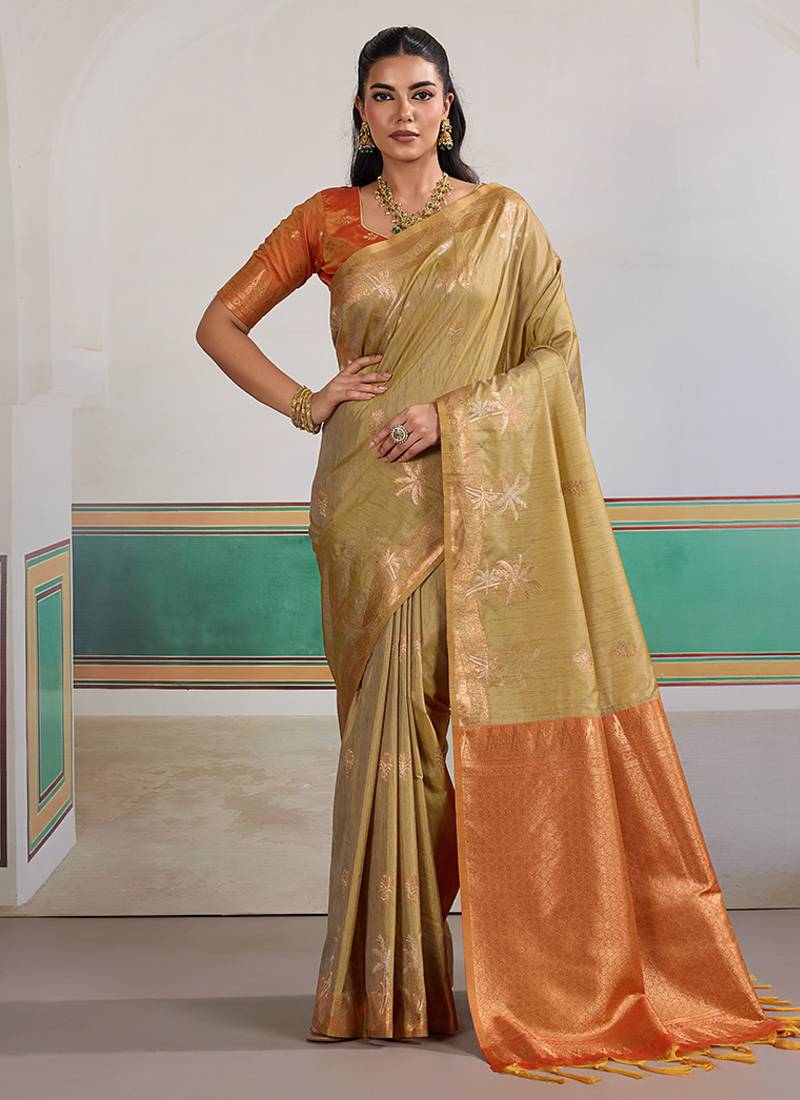 Weaving tussar silk beige saree