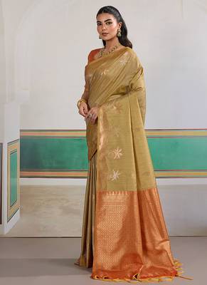 Weaving tussar silk blend beige saree 2