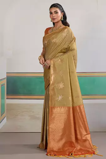 Weaving tussar silk blend beige saree