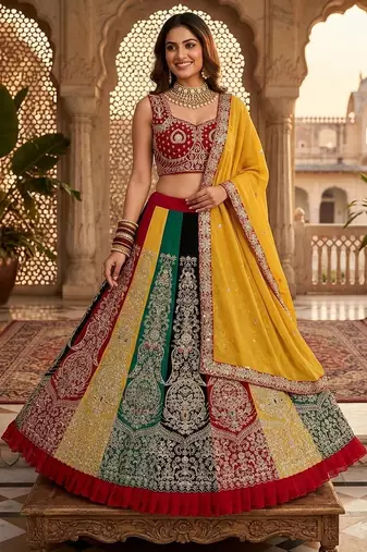 multi GEORGETTE   EMBROIDERY SEMI STICHED  LEHENGA WHIT BLOUSE