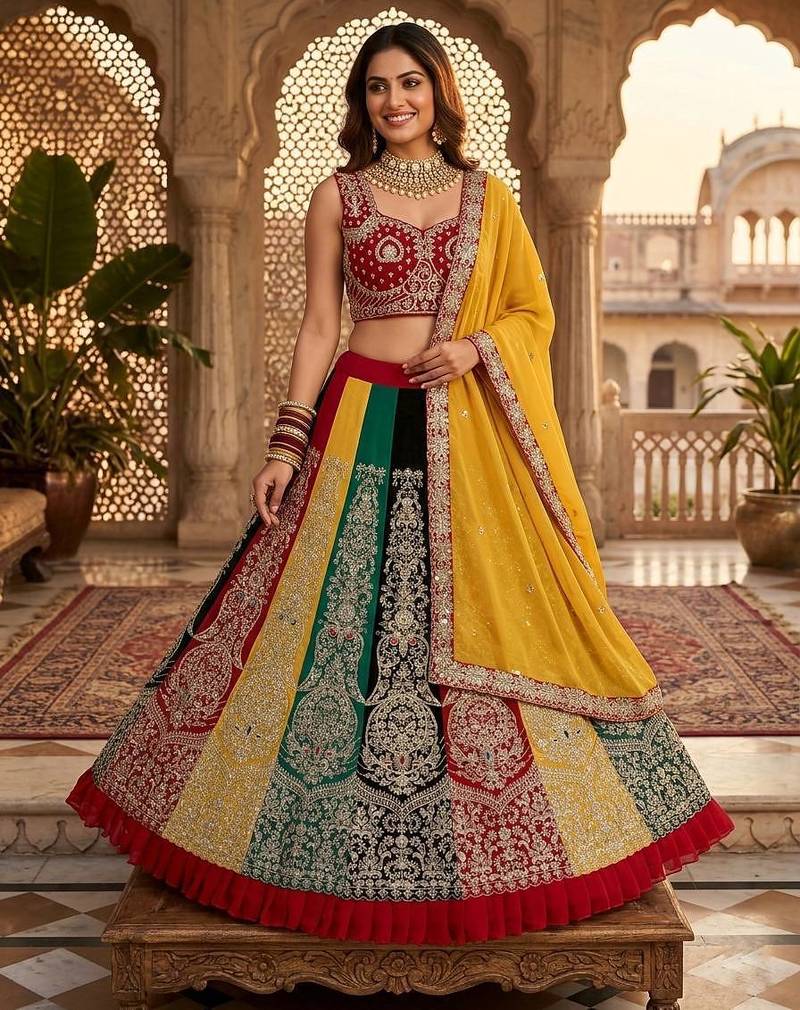 multi GEORGETTE   EMBROIDERY SEMI STICHED  LEHENGA WHIT BLOUSE
