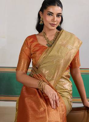 Weaving tussar silk blend beige saree 4