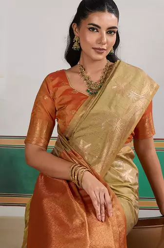 Weaving tussar silk blend beige saree