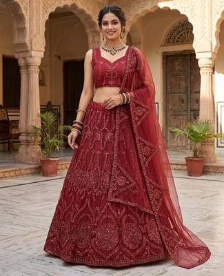 maroon butterfly net embroidery semi stitched lehenga with blouse 1
