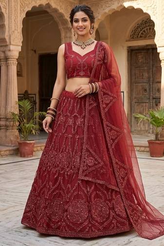 MAROON BUTTERFLY NET  EMBROIDERY SEMI STICHED  LEHENGA WHIT BLOUSE