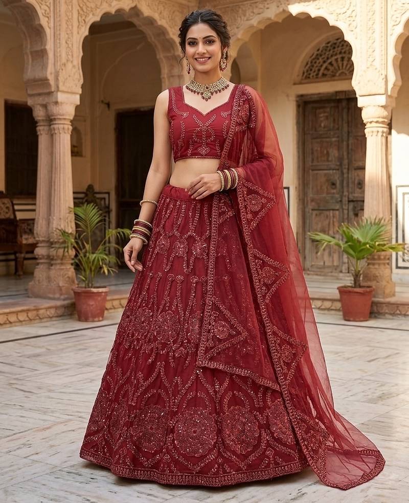 MAROON BUTTERFLY NET  EMBROIDERY SEMI STICHED  LEHENGA WHIT BLOUSE
