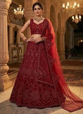 maroon butterfly net embroidery semi stitched lehenga with blouse 2