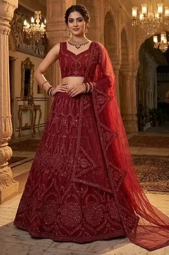 MAROON NET EMBROIDERY LEHENGA WHIT BLOUSE