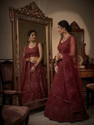 maroon butterfly net embroidery semi stitched lehenga with blouse 3