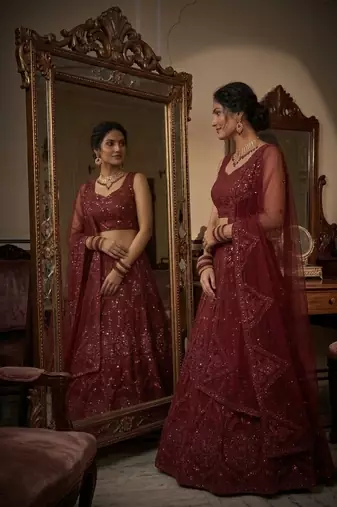 MAROON NET EMBROIDERY LEHENGA WHIT BLOUSE