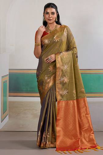 Weaving tussar silk olive green saree