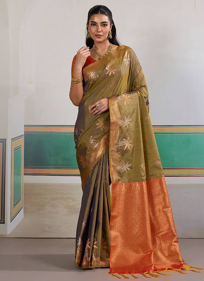 Weaving tussar silk olive green saree