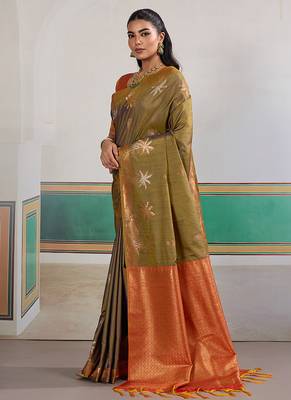 Weaving tussar silk blend olive green saree 2