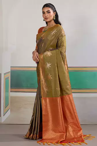 Weaving tussar silk blend olive green saree