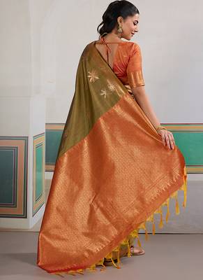 Weaving tussar silk blend olive green saree 3