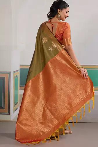 Weaving tussar silk blend olive green saree