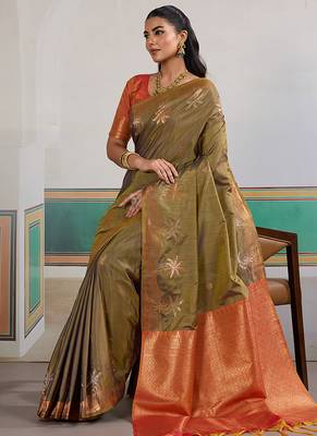 Weaving tussar silk blend olive green saree 4