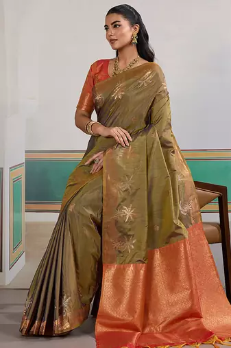 Weaving tussar silk blend olive green saree