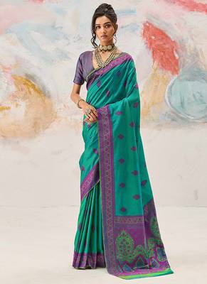Faux kanjivaram silk blend weaving saree in sea green 1