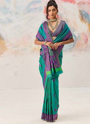 Faux kanjivaram silk blend weaving saree in sea green 2