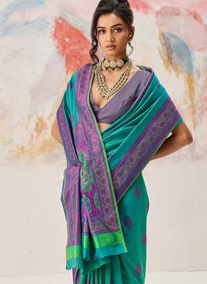 Faux kanjivaram silk blend weaving saree in sea green 4