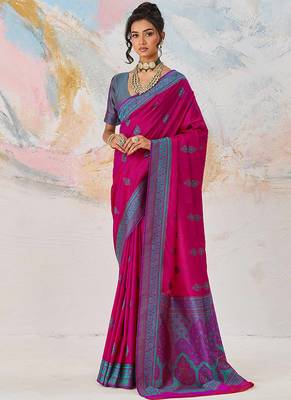 Faux kanjivaram silk blend weaving saree in rani pink 1