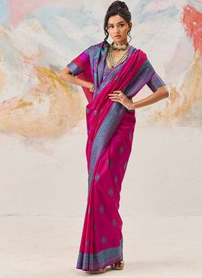 Faux kanjivaram silk blend weaving saree in rani pink 2