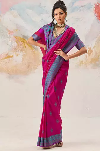 Faux kanjivaram silk blend weaving saree in rani pink