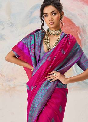 Faux kanjivaram silk blend weaving saree in rani pink 4