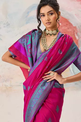Faux kanjivaram silk blend weaving saree in rani pink