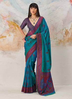 Faux kanjivaram silk blend weaving saree in teal 1