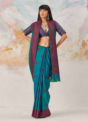 Faux kanjivaram silk blend weaving saree in teal 2
