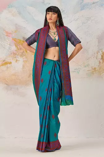 Faux kanjivaram silk blend weaving saree in teal