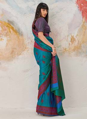 Faux kanjivaram silk blend weaving saree in teal 3