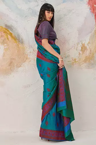 Faux kanjivaram silk blend weaving saree in teal