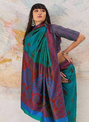 Faux kanjivaram silk blend weaving saree in teal 4