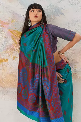 Faux kanjivaram silk blend weaving saree in teal