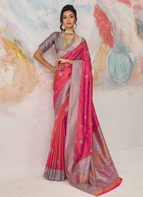 Faux kanjivaram silk blend weaving saree in pink 1