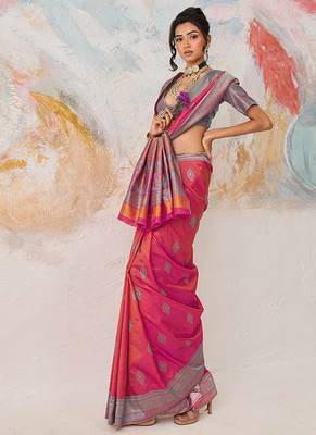Faux kanjivaram silk blend weaving saree in pink 2