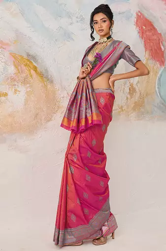 Faux kanjivaram silk blend weaving saree in pink