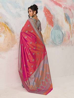 Faux kanjivaram silk blend weaving saree in pink 3