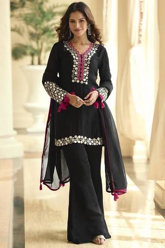 Black vichitra silk readymade suit with thread embroidery work