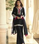 Black vichitra silk readymade suit with thread embroidery work