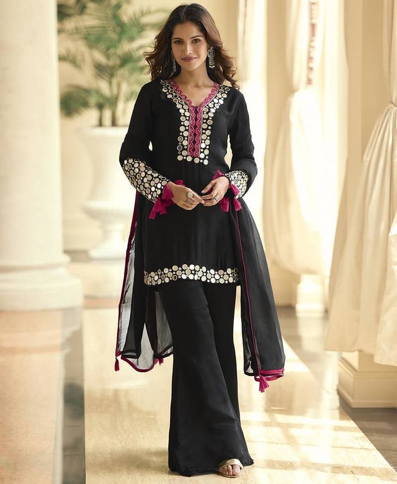 Black vichitra silk readymade suit with thread embroidery work