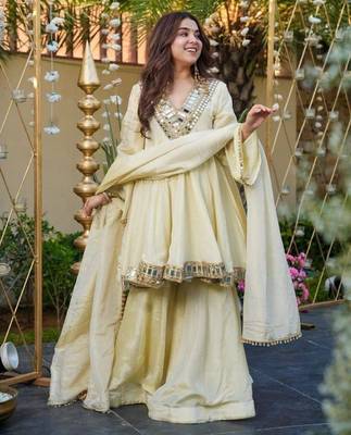 White silk readymade suit with real mirror  1