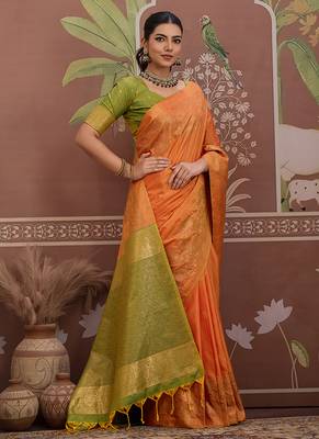 Tussar silk blend orange weaving traditional saree 1