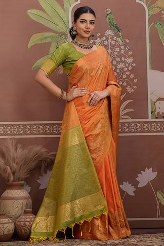 Tussar silk orange weaving traditional saree