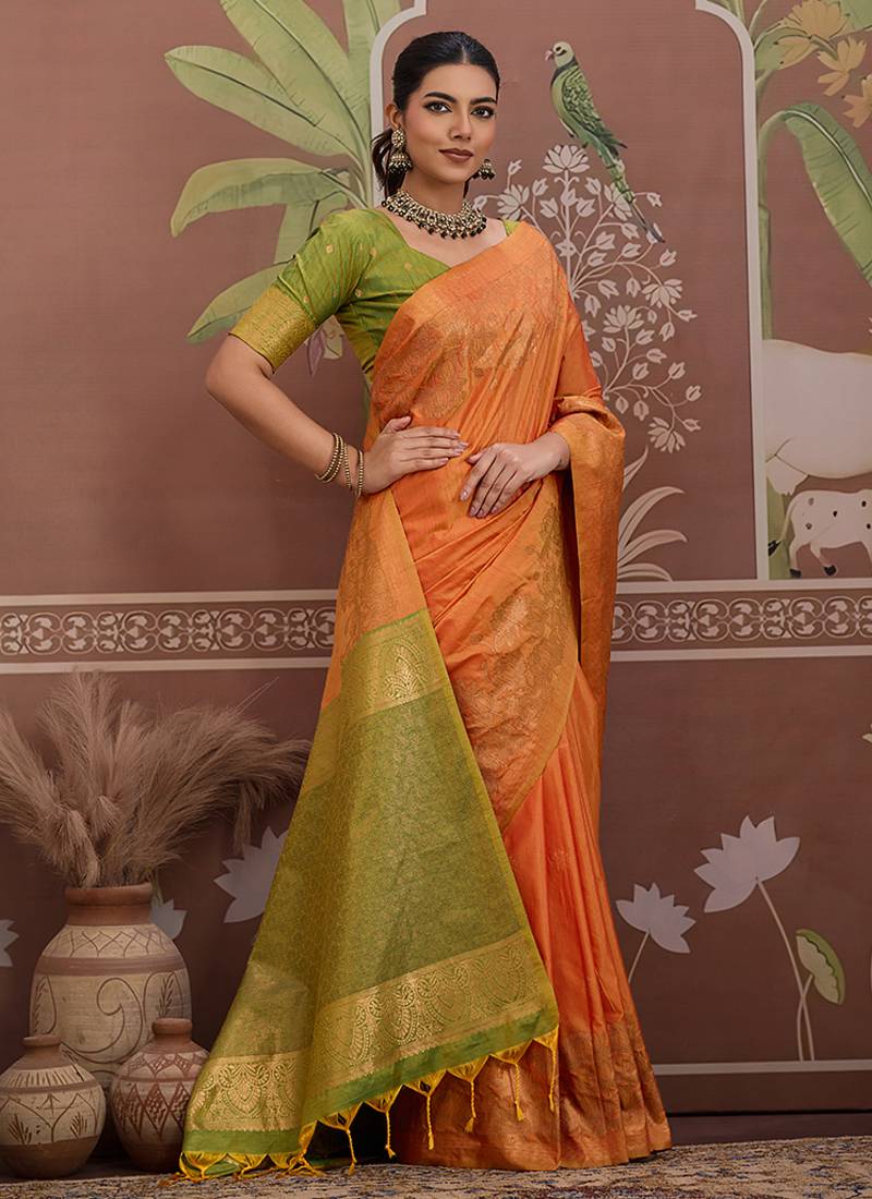Tussar silk orange weaving traditional saree