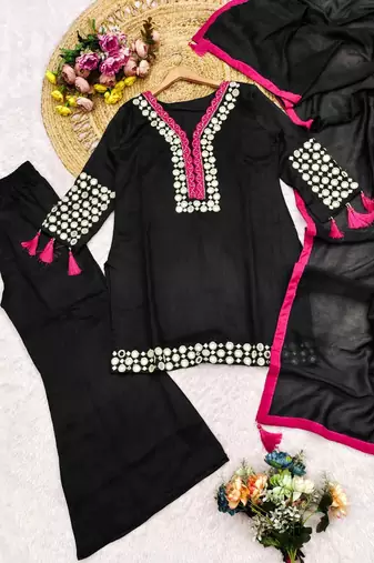 Black vichitra silk readymade suit with thread embroidery 